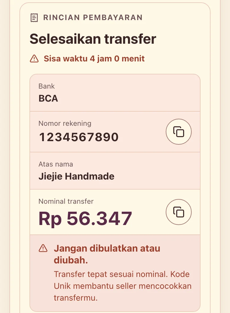 The buyer’s order link, Selesaikan transfer: bank BCA, account 1234567890 in the name of Jiejie Handmade, transfer amount Rp 56.347, with a reminder not to round or change it.