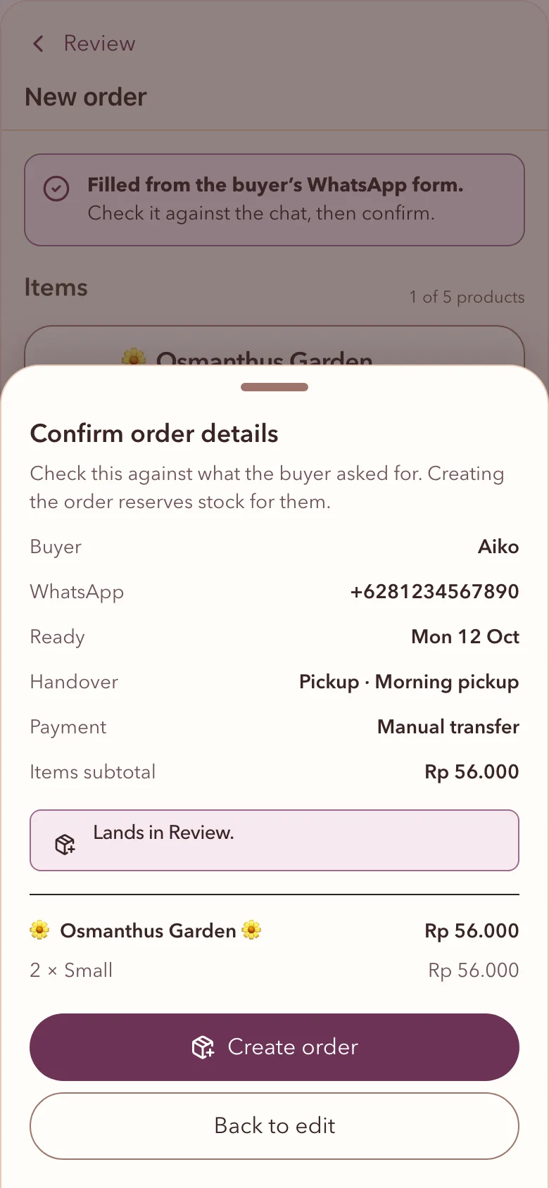 Torafu seller app: Confirm order details for Aiko, with Create order and Back to edit.