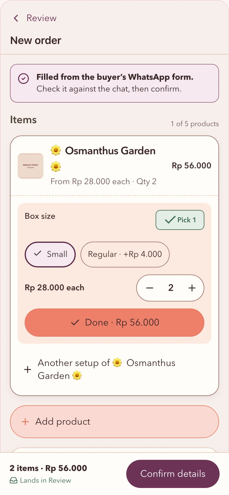 Torafu seller app: an editable draft filled from the buyer’s WhatsApp form, Osmanthus Garden Small × 2, to check against the chat.