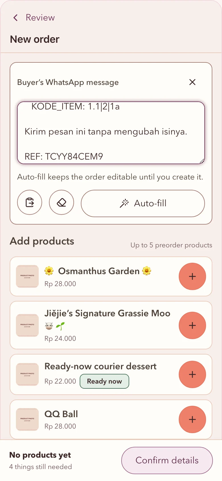 Torafu seller app: the buyer’s WhatsApp message pasted into a new order, with Auto-fill.
