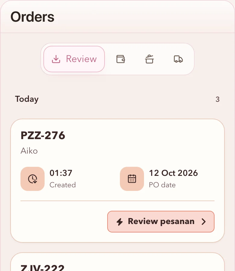Torafu seller app, Orders on the Review tab: today’s three orders, with PZZ-276 from Aiko first and a Review pesanan action on each.