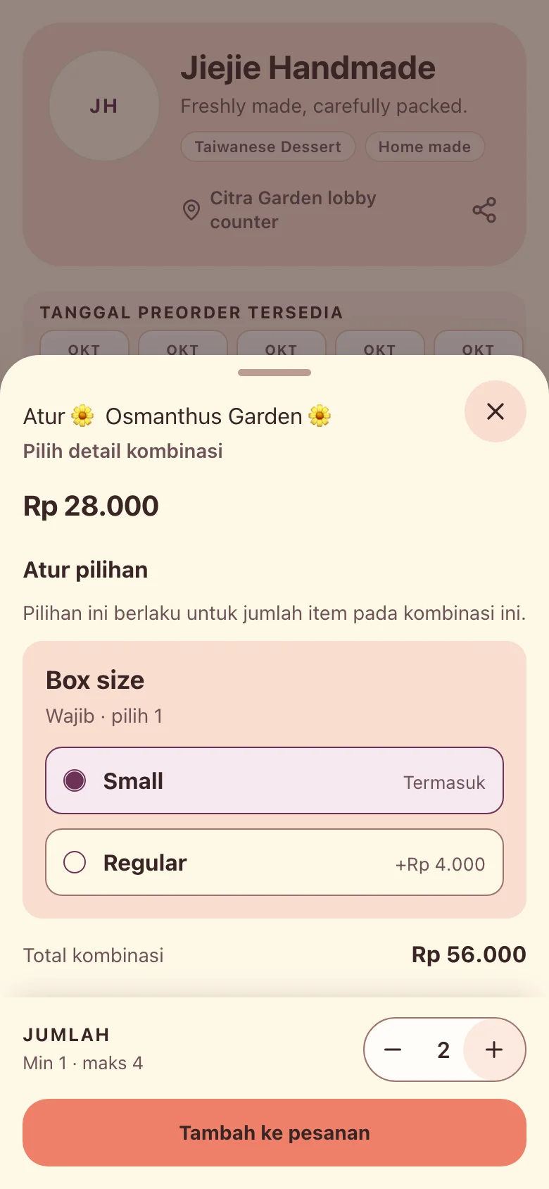 Osmanthus Garden configured as a small box with quantity 2, totalling Rp 56.000.