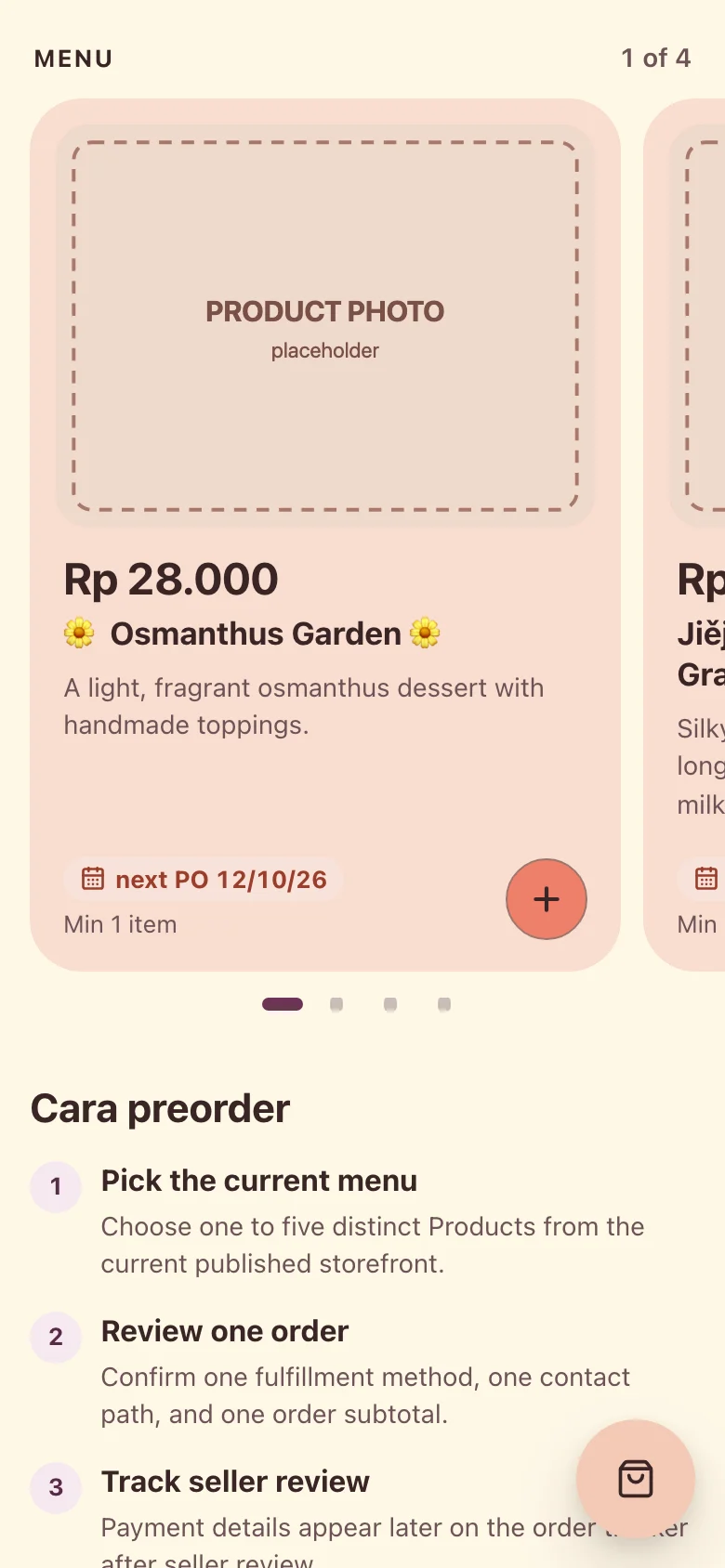 The storefront menu with Osmanthus Garden, its price, and an add button.